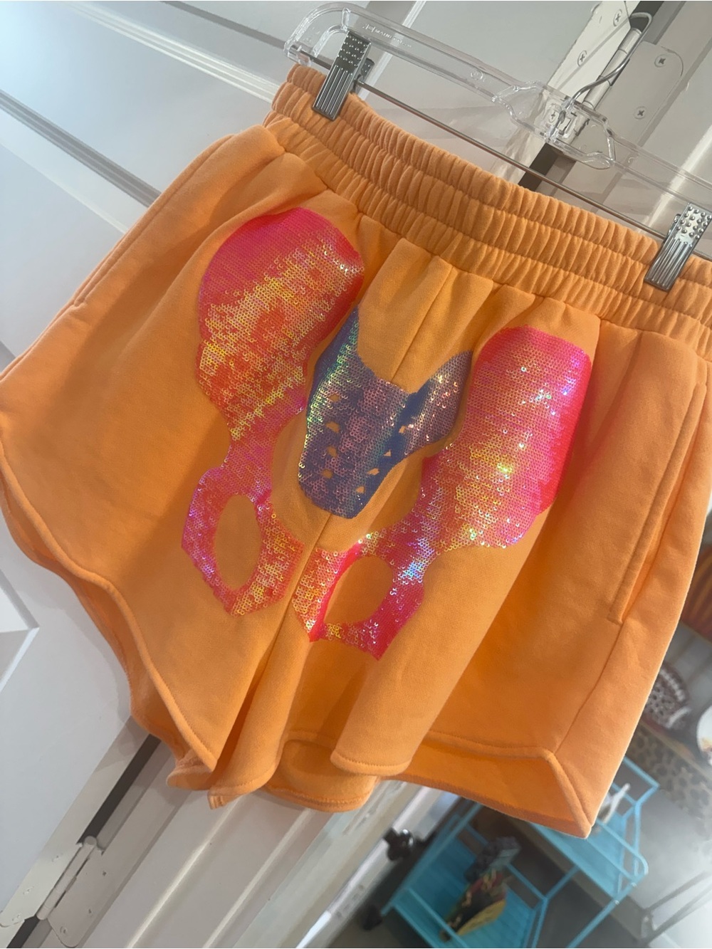 QUEEN OF SPARKLES Orange High-Waist Sequin Skull Shorts